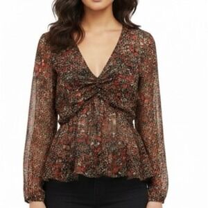Zara Fall Floral Babydoll Blouse S Sheer Ruched Peplum Boho Cottagecore Romantic